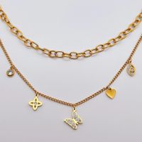 Fashion Heart Shape Butterfly Titanium Steel Plating Hollow Out Inlay Rhinestones Layered Necklaces 1 Piece sku image 1