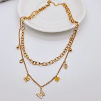 Fashion Heart Shape Butterfly Titanium Steel Plating Hollow Out Inlay Rhinestones Layered Necklaces 1 Piece main image 2