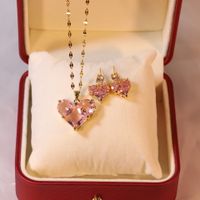 Sweet Heart Shape Titanium Steel Inlaid Gold Zircon Earrings Necklace sku image 8