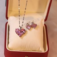 Sweet Heart Shape Titanium Steel Inlaid Gold Zircon Earrings Necklace sku image 20
