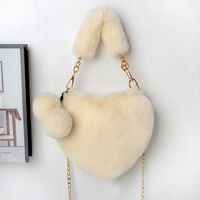 Women's Medium Winter Plush Solid Color Cute Fluff Ball Heart-shaped Zipper Handbag sku image 7