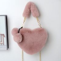 Women's Medium Winter Plush Solid Color Cute Fluff Ball Heart-shaped Zipper Handbag sku image 11