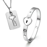 Fashion Key Lock Titanium Steel Inlay Zircon Bracelets Necklace 1 Set sku image 3