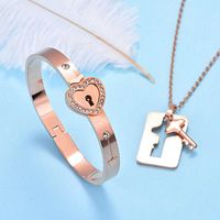 Fashion Key Lock Titanium Steel Inlay Zircon Bracelets Necklace 1 Set main image 5