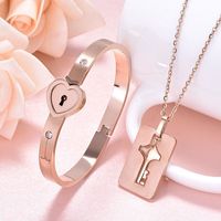Fashion Key Lock Titanium Steel Inlay Zircon Bracelets Necklace 1 Set sku image 5