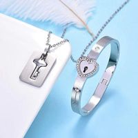 Fashion Key Lock Titanium Steel Inlay Zircon Bracelets Necklace 1 Set sku image 4