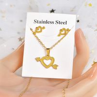 Fashion Star Heart Shape Crown Stainless Steel Inlaid Gold Women's Earrings Necklace 1 Set sku image 3