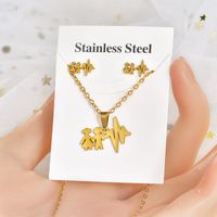 Fashion Star Heart Shape Crown Stainless Steel Inlaid Gold Women's Earrings Necklace 1 Set sku image 6