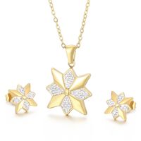 Elegante Flor Acero Titanio Chapado En Oro Diamantes De Imitación Aretes Collar sku image 2