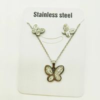 Fashion Star Heart Shape Butterfly Titanium Steel Inlay Rhinestones Women's Earrings Necklace 1 Set main image 4