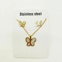 Fashion Star Heart Shape Butterfly Titanium Steel Inlay Rhinestones Women's Earrings Necklace 1 Set sku image 7