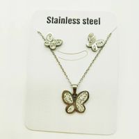 Fashion Star Heart Shape Butterfly Titanium Steel Inlay Rhinestones Women's Earrings Necklace 1 Set sku image 3