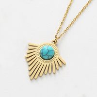 Retro Round Stripe Stainless Steel Inlay Natural Stone Turquoise Pendant Necklace 1 Piece sku image 4