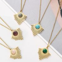 Retro Round Stripe Stainless Steel Inlay Natural Stone Turquoise Pendant Necklace 1 Piece main image 3