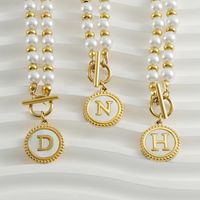 Simple Style Round Letter Imitation Pearl Titanium Steel Inlaid Shell Pendant Necklace 1 Piece main image 1