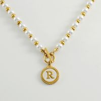 Simple Style Round Letter Imitation Pearl Titanium Steel Inlaid Shell Pendant Necklace 1 Piece main image 3