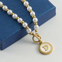 Simple Style Round Letter Imitation Pearl Titanium Steel Inlaid Shell Pendant Necklace 1 Piece main image 4