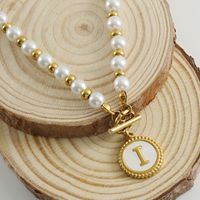 Simple Style Round Letter Imitation Pearl Titanium Steel Inlaid Shell Pendant Necklace 1 Piece main image 5