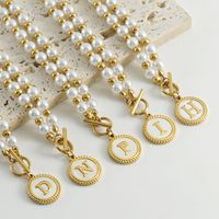 Simple Style Round Letter Imitation Pearl Titanium Steel Inlaid Shell Pendant Necklace 1 Piece sku image 1