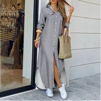 Femmes Jupe Trapèze Mode Refuser Bouton Manche Longue Couleur Unie Maxi Longue Robe Du Quotidien main image 4