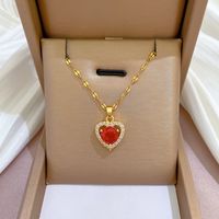 Fashion Heart Shape Titanium Steel Copper Plating Hollow Out Inlay Zircon Pendant Necklace sku image 5