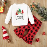 Navidad Moda Árbol De Navidad Letra Tartán Labor De Retazos 100% Algodón Conjuntos De Ropa Para Niñas sku image 1