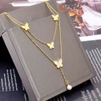 Fashion Butterfly Titanium Steel Inlay Artificial Pearls Shell Layered Necklaces 1 Piece main image 1