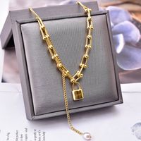 Fashion Lock Titanium Steel Inlay Artificial Pearls Necklace 1 Piece sku image 1