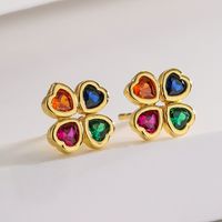 Fashion Four Leaf Clover Dragonfly Copper Gold Plated Zircon Ear Studs 1 Pair main image 4