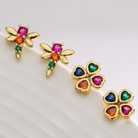 Fashion Four Leaf Clover Dragonfly Copper Gold Plated Zircon Ear Studs 1 Pair main image 1
