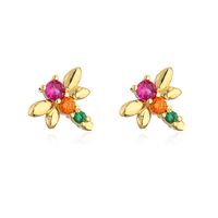 Fashion Four Leaf Clover Dragonfly Copper Gold Plated Zircon Ear Studs 1 Pair sku image 1