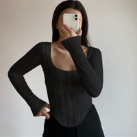 Fashion Solid Color Spandex Polyester U Neck Long Sleeve Regular Sleeve Patchwork Pleated Blouse main image 5