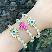 Retro Ojo Del Diablo Mano De Fátima Forma De Corazón Perla Artificial Cobre Con Cuentas Chapado En Oro Circón Pulsera 1 Pieza main image 1