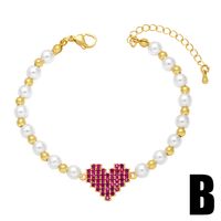 Retro Ojo Del Diablo Mano De Fátima Forma De Corazón Perla Artificial Cobre Con Cuentas Chapado En Oro Circón Pulsera 1 Pieza sku image 2