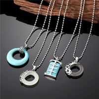 Fashion Round Rectangle Fish Bone Stainless Steel Gem Hollow Out Turquoise Pendant Necklace 1 Piece main image 1