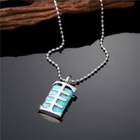 Fashion Round Rectangle Fish Bone Stainless Steel Gem Hollow Out Turquoise Pendant Necklace 1 Piece sku image 1