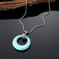 Fashion Round Rectangle Fish Bone Stainless Steel Gem Hollow Out Turquoise Pendant Necklace 1 Piece sku image 2