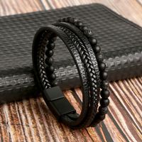Fashion Round Pu Leather Alloy Tiger Eye Beaded Men's Bracelets sku image 1