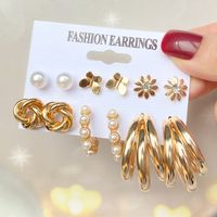 Retro Bow Knot Alloy Gold Plated Artificial Pearls Women's Earrings Ear Studs 6-piece Set sku image 7