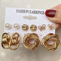 Retro Bow Knot Alloy Gold Plated Artificial Pearls Women's Earrings Ear Studs 6-piece Set sku image 3