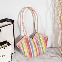 Women's Large Straw Color Block Fashion Bucket Zipper Shoulder Bag sku image 1