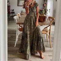 Women's Swing Dress Bohemian V Neck Patchwork Pleated Short Sleeve Printing Maxi Long Dress Travel main image 5
