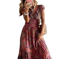 Women's Swing Dress Bohemian V Neck Patchwork Pleated Short Sleeve Printing Maxi Long Dress Travel main image 3