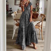 Women's Swing Dress Bohemian V Neck Patchwork Pleated Short Sleeve Printing Maxi Long Dress Travel main image 2