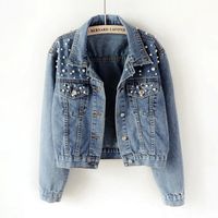 Women's Fashion Solid Color Beaded Single Breasted Coat Denim Jacket sku image 3