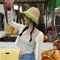 Women's Basic Color Block Wide Eaves Straw Hat main image 4
