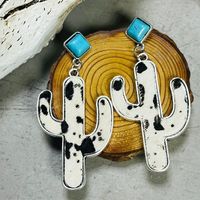 1 Pair Retro Cactus Leopard Pu Leather Alloy Inlay Turquoise Women's Drop Earrings sku image 1