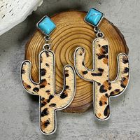 1 Pair Retro Cactus Leopard Pu Leather Alloy Inlay Turquoise Women's Drop Earrings sku image 4