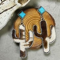 1 Pair Retro Cactus Leopard Pu Leather Alloy Inlay Turquoise Women's Drop Earrings main image 4