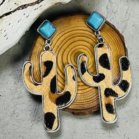 1 Pair Retro Cactus Leopard Pu Leather Alloy Inlay Turquoise Women's Drop Earrings main image 5